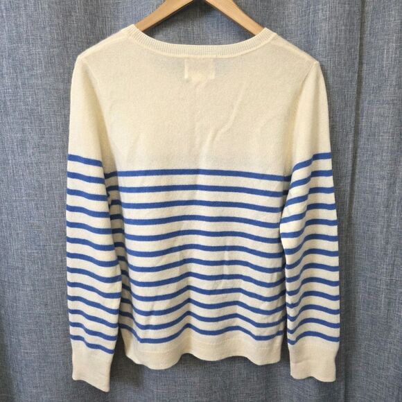 Cynthia Rowley Cashmere Sweater Round Neck Women's L/XL Cream-Blue Stripes - Picture 2 of 7